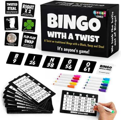 Juego de Fiesta Bingo con un Giro, Bingo con Cartas de Acción, Giro Divertido, Cartas de Acción con Bloquear, Intercambiar y Robar, No Más Pelotas,