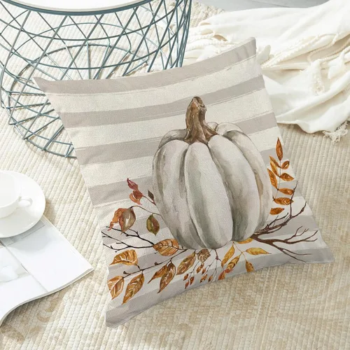 Miniatura 4 de AEIOAE - Juego de 2 fundas de cojín decorativas de 16 x 16 pulgadas con diseño de calabaza en acuarela, tiras grises, flor de otoño, decoración al