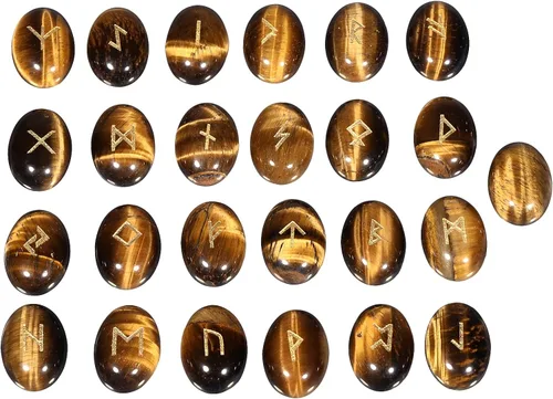 Rockcloud Juego de 25 piedras rúnicas pulidas grabadas con letras del alfabeto Futhark de saúco, meditación, adivinación, ojo de tigre Marrón