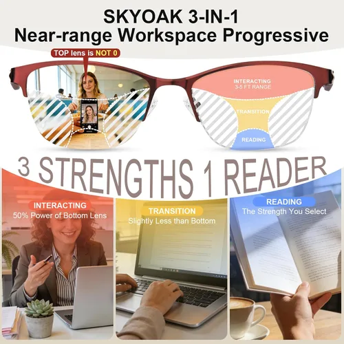 Miniatura 3 de SKYOAK Paquete de 2 elegantes anteojos de lectura progresivos para mujer, diseño moderno de medio marco de metal, antirayos UV400/fatiga ocular