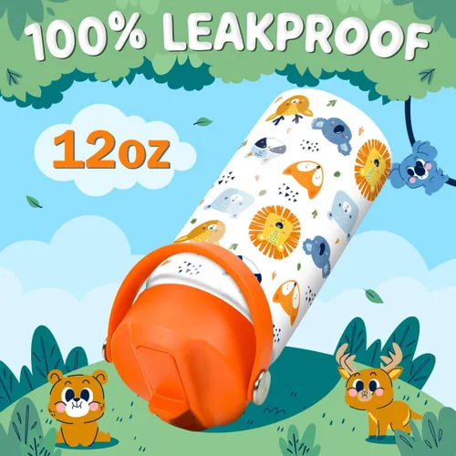 Miniatura 5 de SANDJEST Botella de Agua para Niños con Tapa de Pajita - 12 Oz Botella de Acero Inoxidable Aislada con Dibujo de Animales para Niños y Niñas - Taza