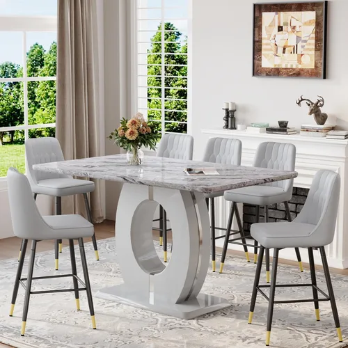 Juego de mesa de comedor de mármol de 63 pulgadas para 6, moderno juego de mesa de comedor de altura de mostrador, mesa alta gris con taburetes de