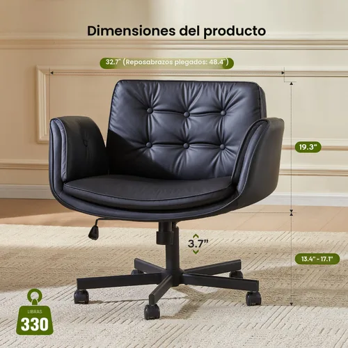 Miniatura 7 de amseatec Silla Criss Cross con reposabrazos y ruedas, silla de tocador de cuero PU, sillas de escritorio de oficina para computadora giratorias Negro