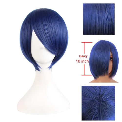 Miniatura 4 de MapofBeauty - Peluca corta recta de 12 pulgadas/30 cm para cosplay, disfraz, fiesta (azul mezclado)