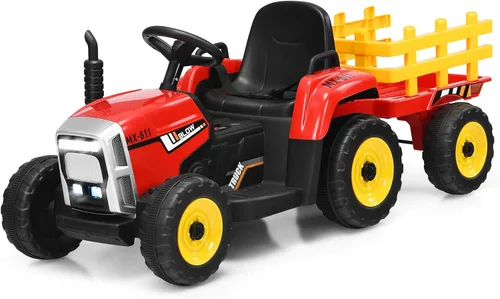 Costzon Tractor de paseo con remolque desmontable, vehículos eléctricos para niños con cargador de tierra de cambio de 3 marchas, diseño inalámbrico
