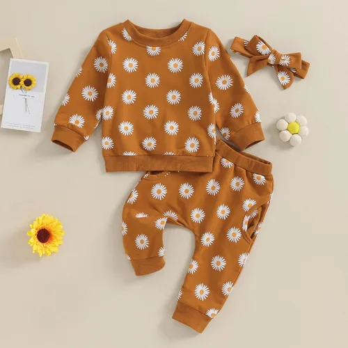 Miniatura 6 de CIYCUIT Conjunto de 3 piezas de sudadera de margaritas + pantalones + diadema, ropa infantil de otoño e invierno