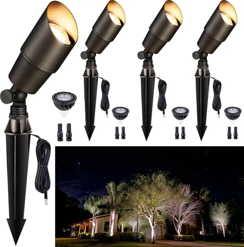 Miniatura 32 de Gardenreet Foco LED para exteriores, latón fundido a presión de 12 V con iluminación hacia arriba, impermeable, luces de paisaje de bajo voltaje
