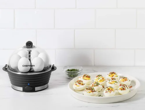 Miniatura 8 de Chefman Egg-Maker Escalfador Rápido, Vaporera de Alimentos y Verduras, Hace Rápidamente Hasta 6, Duros, Medianos o Suaves Hervidos, Bandeja