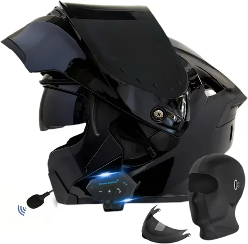 Casco modular Bluetooth para motocicleta, aprobado por DOT, de cara completa con visor abatible, de doble visera, con altavoces duales y micrófono,