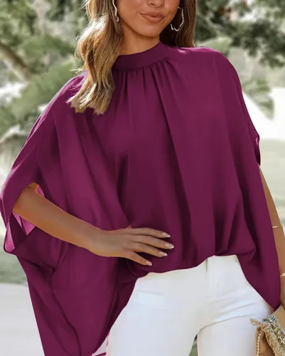 Miniatura 96 de BTFBM Blusas de verano para mujer, cuello alto falso, manga murciélago, holgadas, dobladillo alto y bajo, blusas informales de gran