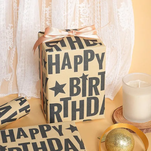 Miniatura 6 de RUSPEPA Rollo de papel de regalo de cumpleaños, mini rollo, texto de feliz cumpleaños negro en negrita con diseño de estrellas, papel de regalo
