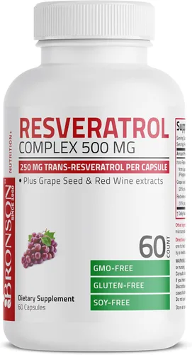 Miniatura 5 de Bronson Resveratrol 500 Complejo Estandarizado Trans-Resveratrol + Extracto de Semilla de Uva y Vino Tinto, 60 Cápsulas
