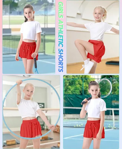 Miniatura 5 de QooNoo Pantalones cortos de mariposa para niñas con bolsillo, pantalones cortos atléticos fluidos de cintura alta para correr para niños