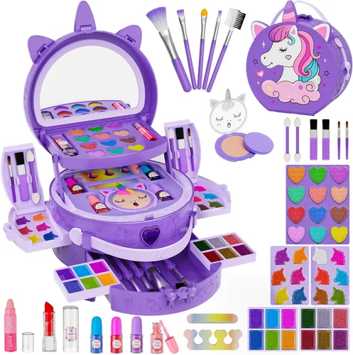 59 Pcs Kids Makeup Kit for Girls, Real Washable Toddler Makeup Set with Mirror, Princess Pretend Play Cosmetic Vanity Case Toy, Birthday Gifts for 3