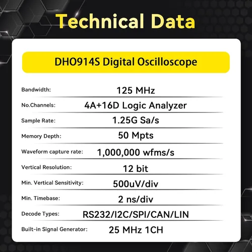 Miniatura 5 de RIGOL Osciloscopio digital DHO914S 125 MHz 4-Ch + 16 Digital 1.25 GSa/s 12-bit 50 Mpts UltraAcquire 1,000,000 wfms/s AFG + Bode Plot LAN/USB/HDMI
