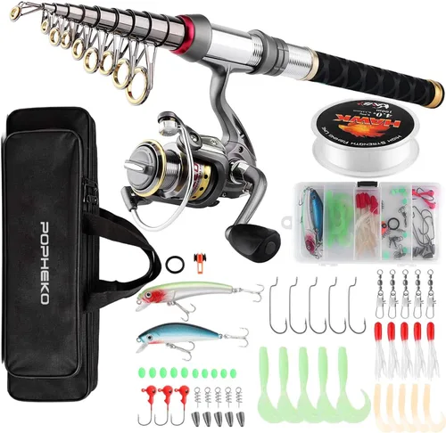 Mouhike Kit completo de caña y carrete - Juego de varillas telescópicas con carrete giratorio, línea, señuelos, ganchos, bolsa de transporte para