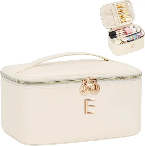 Miniatura 49 de OCHEAL Bolsa de maquillaje personalizada, bolsa de maquillaje beige para mujer, kit de aseo de viaje con monograma, organizador de cosméticos listo