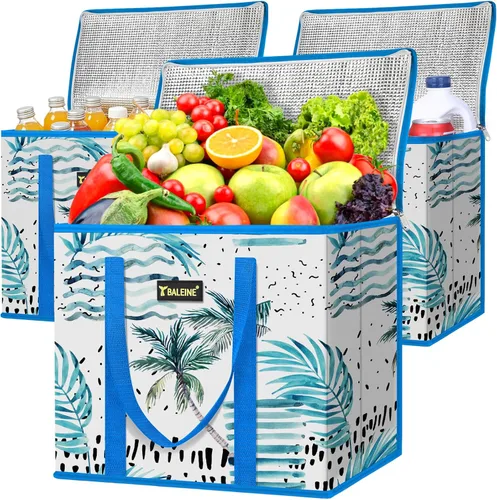 Miniatura 29 de BALEINE Paquete de 3 bolsas reutilizables para comestibles, bolsas de compras plegables para comestibles con parte inferior reforzada y asas