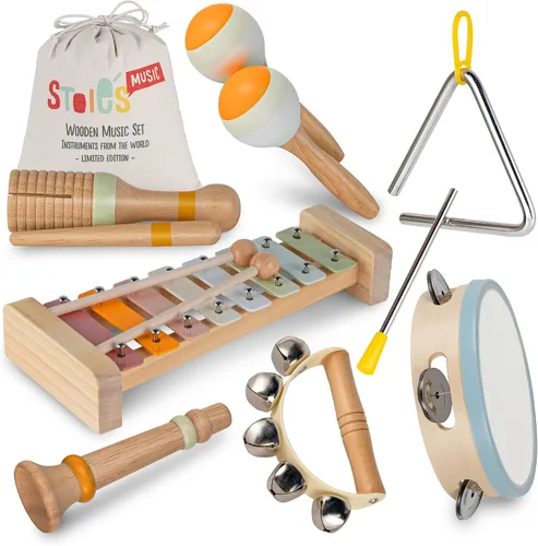 Miniatura 9 de Stoie's Instrumentos musicales de madera para niños pequeños con xilófono, maracas, triángulo, pandereta para bebés y niños, juguete educativo