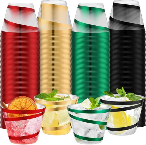 Miniatura 33 de Gejoy Tazas de plástico con borde en espiral de 9 onzas desechables, tazas de vino de plástico elegantes y transparentes, elegantes jarras de Oro
