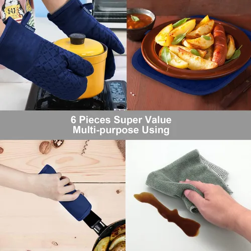 Miniatura 7 de KEGOUU Juego de 6 manoplas para horno y soportes para ollas, guantes para horno de cocina, resistentes al calor, 500 grados, extra largos