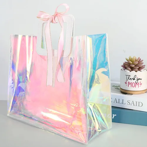 Miniatura 3 de Whaline 10 bolsas de regalo holográficas de PVC de 12.8 x 11.6 x 5.7 pulgadas, bolsas de plástico con asas, bolsa de regalo grande para envolver