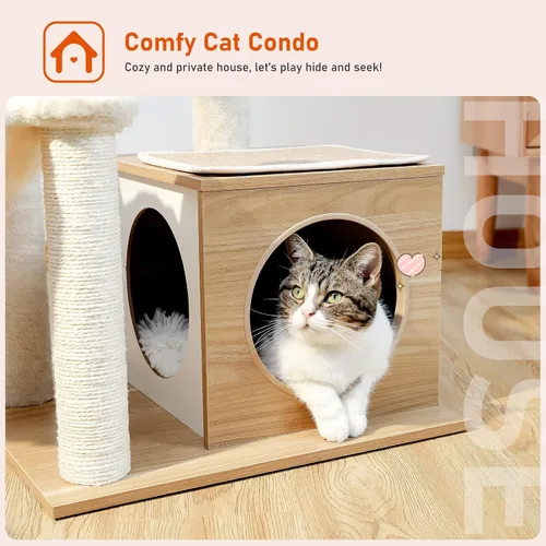 Miniatura 4 de PEQULTI - Torre para gatos moderna, árbol de gato de varios niveles para gatos de interior, casa de juego para gatos con gran condo, hamaca