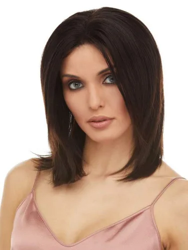ADORA Peluca de color marrón oscuro natural, Elegante Wigs de 9 pulgadas, corte de longitud media, cabello humano chino lacio, encaje frontal, gorra