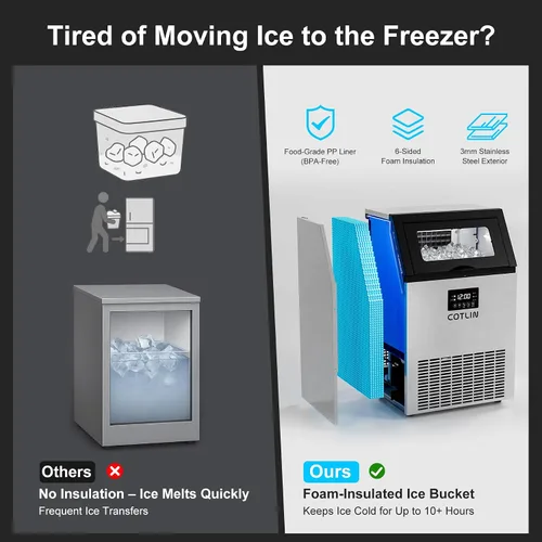 Miniatura 3 de COTLIN - Máquina comercial para hacer hielo de 200 libras en 24 horas, 60 cubitos por ciclo, con depósito de almacenamiento con aislamiento de más