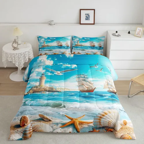 Miniatura 3 de Castle Fairy Juego de edredón de verano para niños, tamaño individual, diseño náutico reversible con diseño náutico de estrellas de mar, barco y Azul