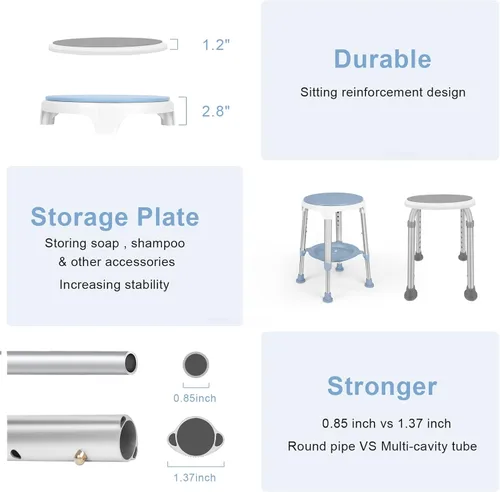 Miniatura 5 de Silla de ducha para ducha interior, taburete de ducha giratorio sin herramientas con bandeja de almacenamiento, silla de bañera ajustable y taburete