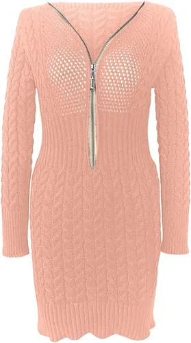 Miniatura 3 de Vestido de cóctel para mujer, de color sólido, de punto, mediana, manga larga, media cremallera, cuello en V, vestido de fiesta, vacaciones