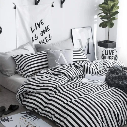 Miniatura 2 de CLOTHKNOW Juego de edredón a rayas tamaño King de 3 piezas, juego de edredón negro y blanco, edredón suave de estilo granja con 2 fundas de almohada