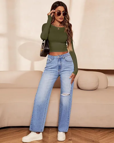 Miniatura 6 de Riyiper 3 piezas de camiseta corta de manga larga para mujer, ajustada, cuello redondo, camiseta básica casual para mujer