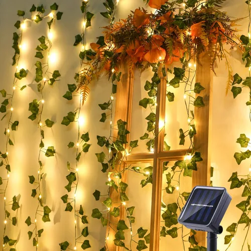 Brizled Guirnalda de luces solares de vid de 33 pies, 100 luces LED solares, 8 modos, hojas de hiedra artificial, luces solares de vid, luces de