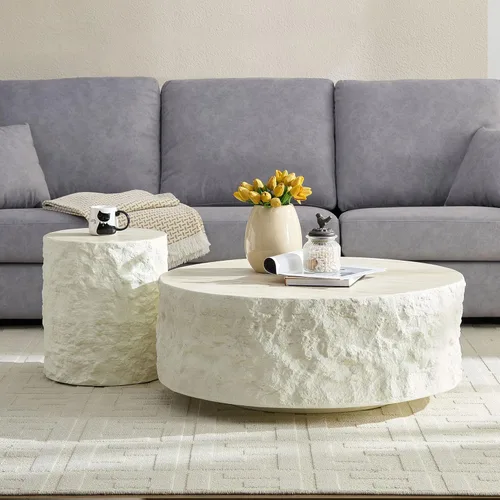 Miniatura 17 de Ø35.43'' Mesa de café redonda para sala de estar, moderna mesa de café en forma de tambor, material de fibra de vidrio, sin ensamblaje, beige