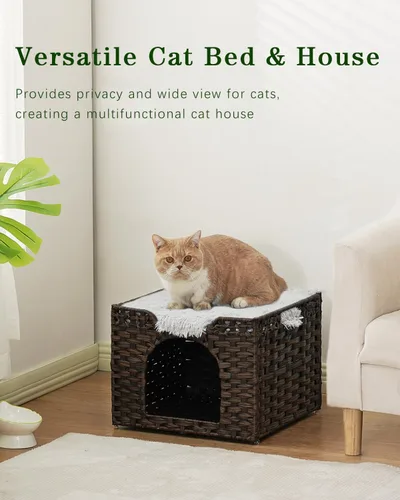 Miniatura 7 de SETVSON Camas para Gatos de Interior Casa de Gatitos, Cueva de Gato de Ratán Tejido a Mano Cubo para Mascotas, Casas Grandes para Gatos, Una Marrón