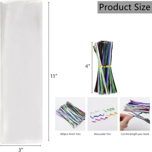 Miniatura 3 de Juego de 600 bolsas de celofán – 300 bolsas largas transparentes para golosinas, 300 lazos giratorios de colores para regalos, recuerdos de fiesta 3