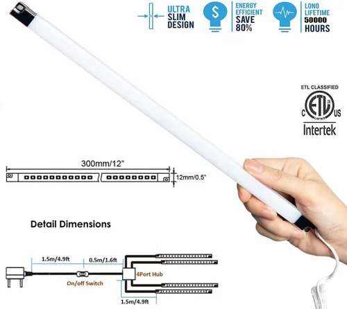 Miniatura 5 de Cefrank Barra de Luz para Estantería de Iluminación Bajo Armario - Listada UL - Bajo Perfil - Ahorro de Energía - Fría al Tacto - Blanco Cálido