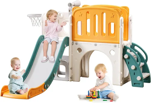 Miniatura 7 de YUYUE Tobogán 8 en 1 para niños pequeños de 1 a 3 años, tobogán extra largo con aro de baloncesto para interiores y exteriores, juego de escalador