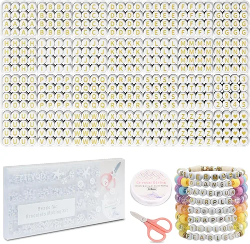 Miniatura 11 de FZIIVQU Kit de 1450 Piezas de Cuentas de Letras, 4x7 mm Cuentas de Alfabeto de Acrílico Blanco para Hacer Joyas, Cuentas de Corazón de Número