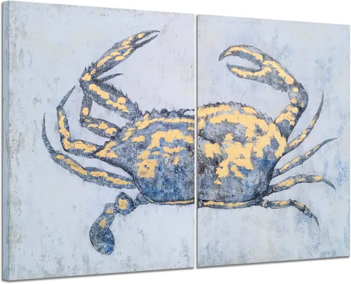 Miniatura 15 de Yihui Arts Lienzo de pared pintado a mano, pintura abstracta de atún, obra de arte moderna, imágenes costeras en color azul y blanco para decoración