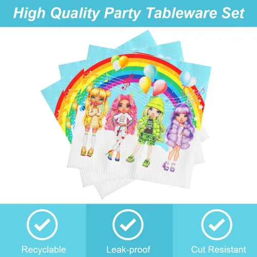 Miniatura 3 de 40 piezas de juguetes de fiesta Rainbow High Dolls incluyen 20 platos, 20 servilletas para decoración de fiesta de cumpleaños de muñecas Rainbow High