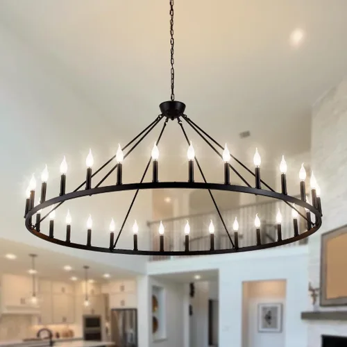Miniatura 8 de 16-luz Candelabro negro con rueda de vagón grande de granja, iluminación rústica redonda, lámpara de granja