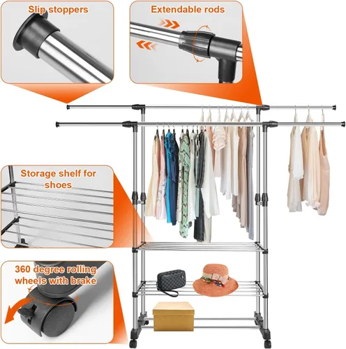 Miniatura 6 de Perchero de doble barra para colgar ropa, estante portátil para armario de carga máxima de 77 libras, perchero de metal resistente para dormitorio