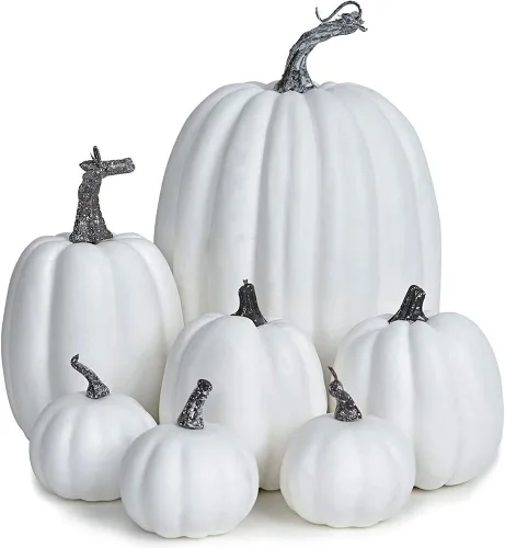Miniatura 7 de WESAPPINC Calabazas artificiales, 12 calabazas falsas blancas surtidas, calabazas grandes de cosecha sintética para otoño, Acción de Gracias