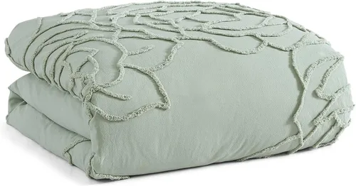 Miniatura 7 de Peri Home Juego de edredón y fundas de almohada de 3 piezas, 100% algodón, color verde chenilla rosa, matrimonial/queen