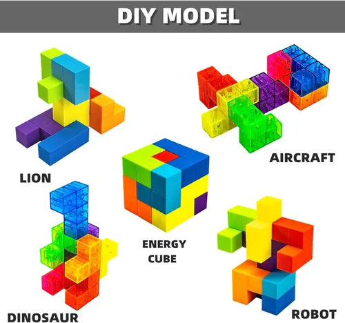 Miniatura 8 de Bloques de construcción magnéticos, cubos magnéticos 3D para rompecabezas, juego de 7 bloques magnéticos de múltiples formas con 54 tarjetas guía