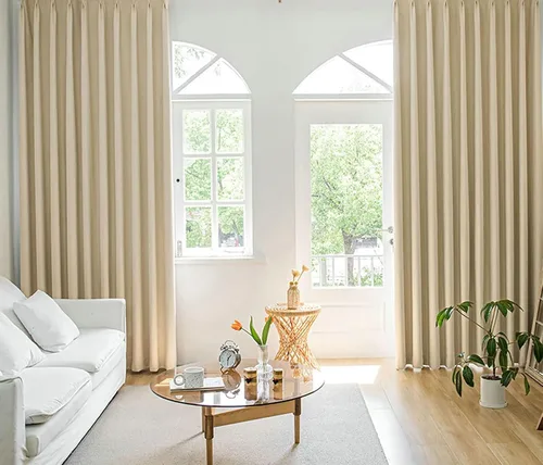Daesar Bedroom Curtains Blackout 63 Inch Length, Eyelet Thermal Insulated Curtains Solid Jacquard Wave Stripes Texture Beige Yellow Blackout Curtain