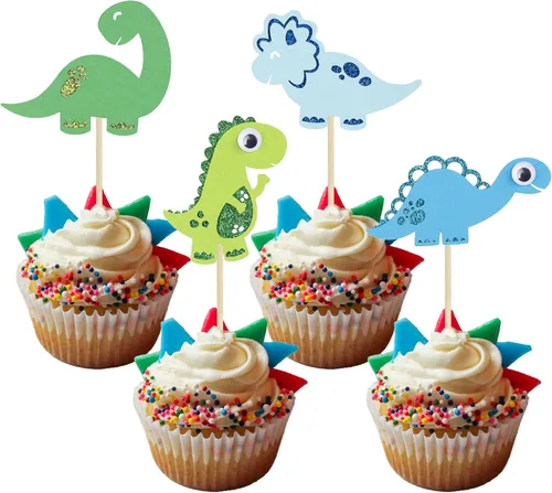 Miniatura 13 de Gyufise 24 piezas de adornos de dinosaurios con purpurina azul 3 Rex Roar Dinosaur Cupcake Picks Three Years Old Dino Theme Baby Shower 3er Birthday